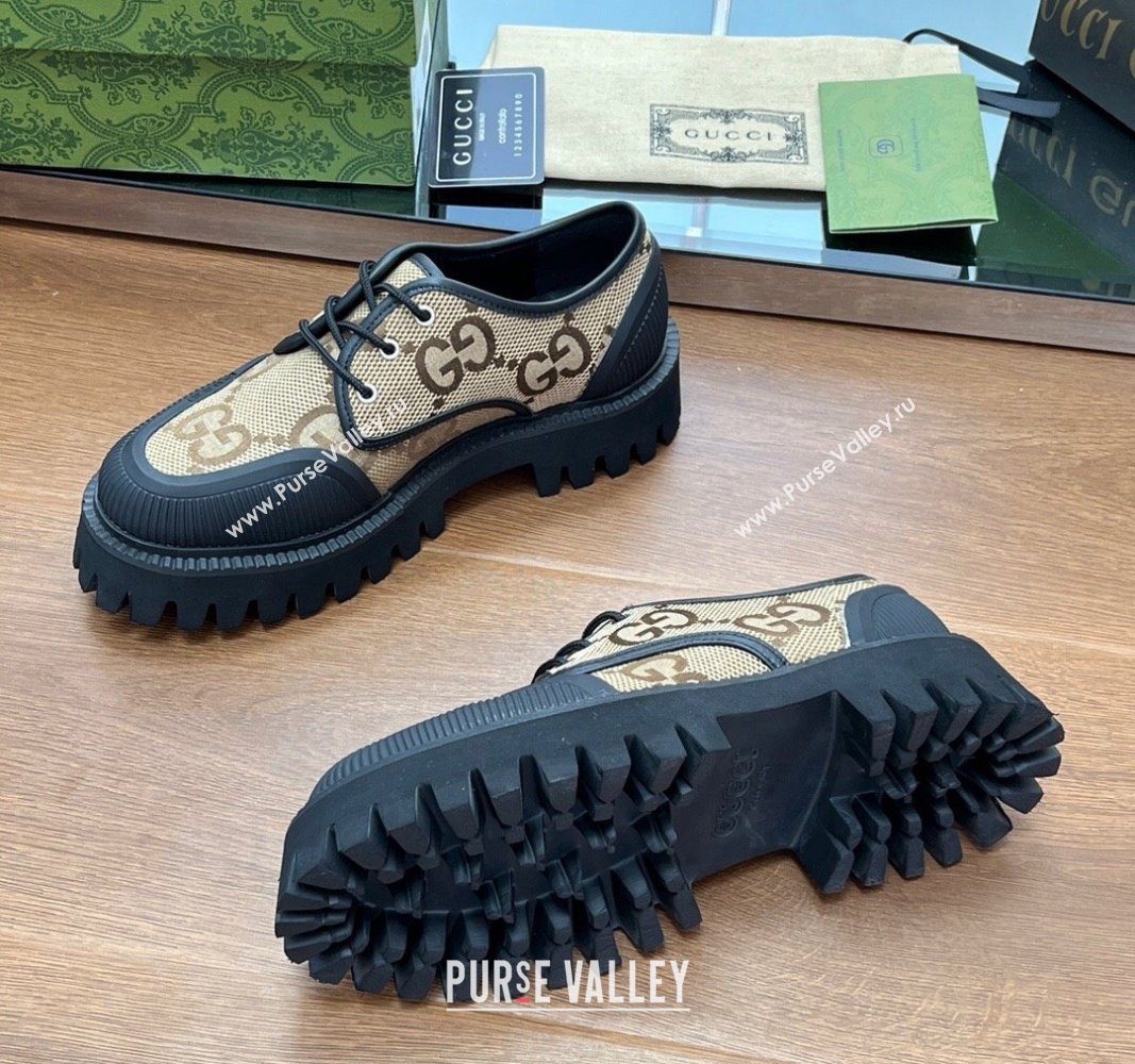 Gucci Lace-up Loafers in Leather and Maxi GG Canvas Camel 2024 0814 (SS-240814080)