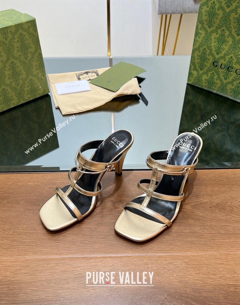 Gucci Leather Heel Slides Sandal 9.5cm with Long Horsebit Gold 2024 0814 (SS-240814096)