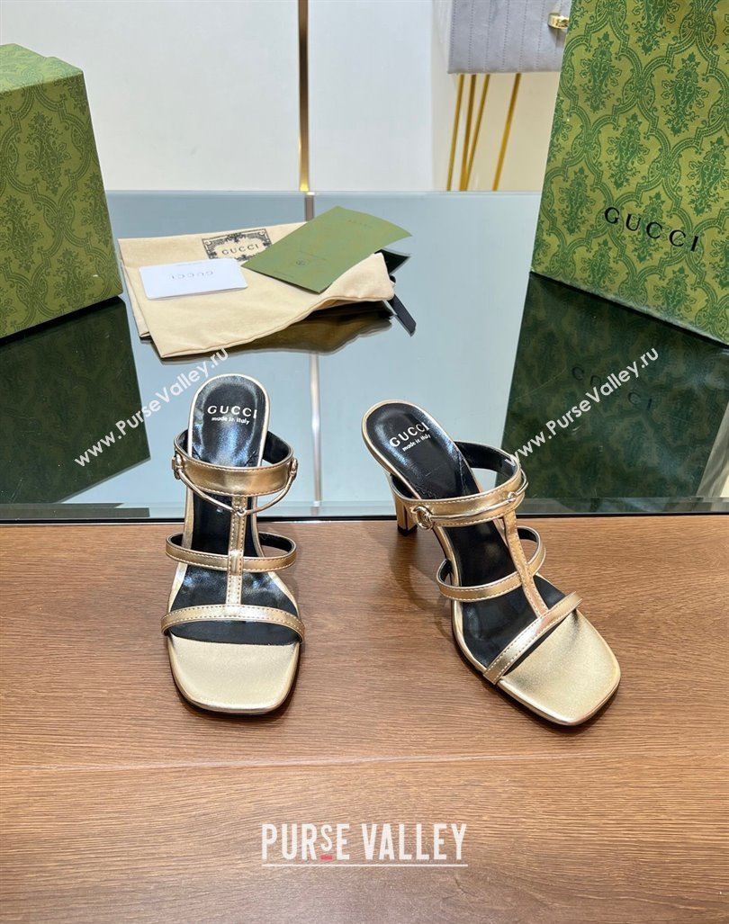 Gucci Leather Heel Slides Sandal 9.5cm with Long Horsebit Gold 2024 0814 (SS-240814096)