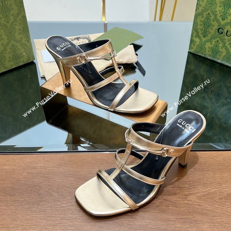 Gucci Leather Heel Slides Sandal 9.5cm with Long Horsebit Gold 2024 0814 (SS-240814096)