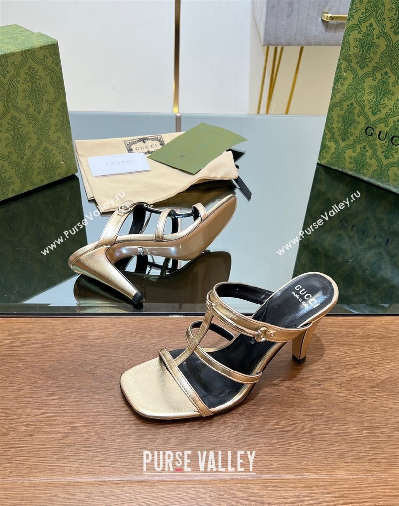Gucci Leather Heel Slides Sandal 9.5cm with Long Horsebit Gold 2024 0814 (SS-240814096)