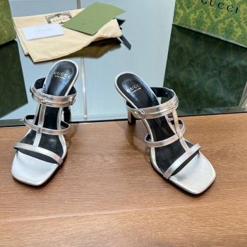 Gucci Leather Heel Slides Sandal 9.5cm with Long Horsebit Silver 2024 0814 (SS-240814097)