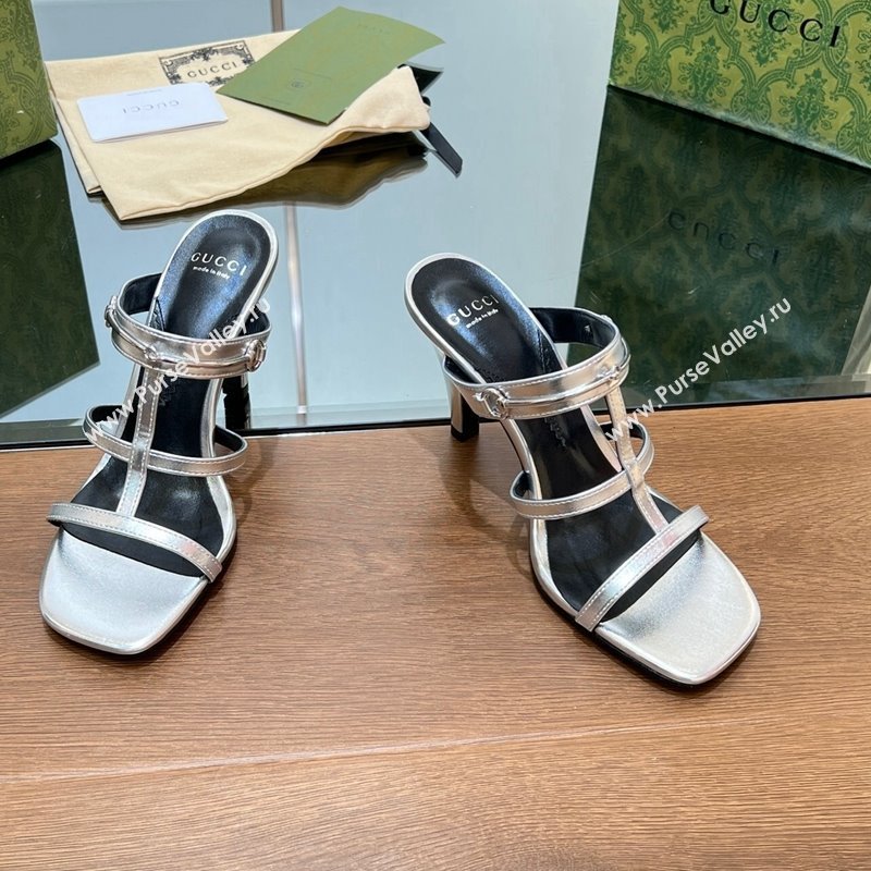 Gucci Leather Heel Slides Sandal 9.5cm with Long Horsebit Silver 2024 0814 (SS-240814097)