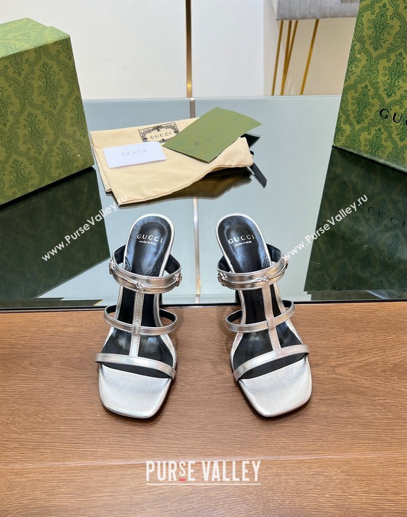 Gucci Leather Heel Slides Sandal 9.5cm with Long Horsebit Silver 2024 0814 (SS-240814097)