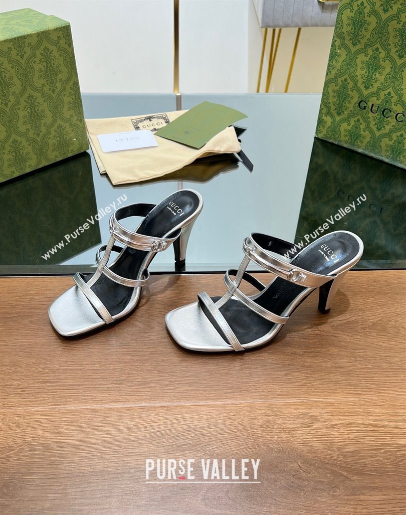 Gucci Leather Heel Slides Sandal 9.5cm with Long Horsebit Silver 2024 0814 (SS-240814097)