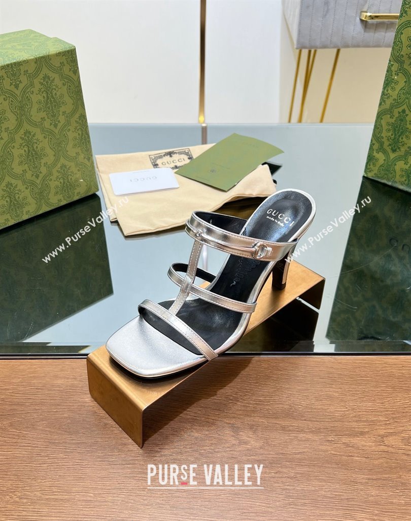 Gucci Leather Heel Slides Sandal 9.5cm with Long Horsebit Silver 2024 0814 (SS-240814097)