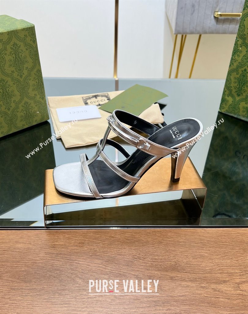 Gucci Leather Heel Slides Sandal 9.5cm with Long Horsebit Silver 2024 0814 (SS-240814097)