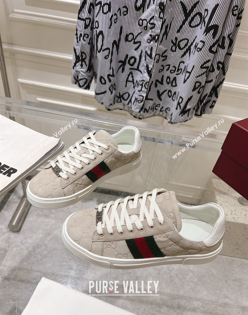 Gucci Ace Sneakers with Web in GG Suede Grey 2024 0814 (SS-240814098)