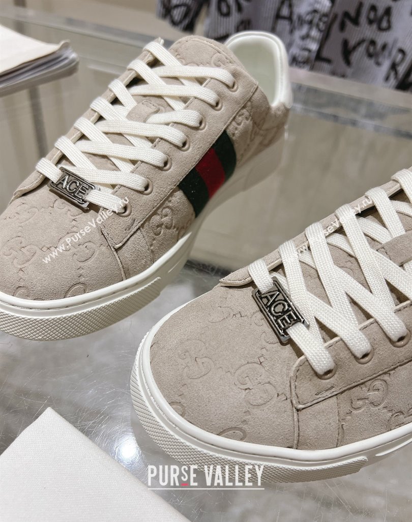 Gucci Ace Sneakers with Web in GG Suede Grey 2024 0814 (SS-240814098)