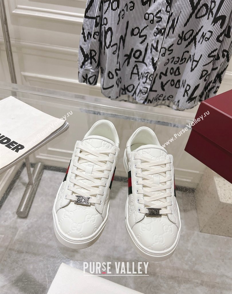 Gucci Ace Sneakers with Web in GG Leather White 2024 0814 (SS-240814101)