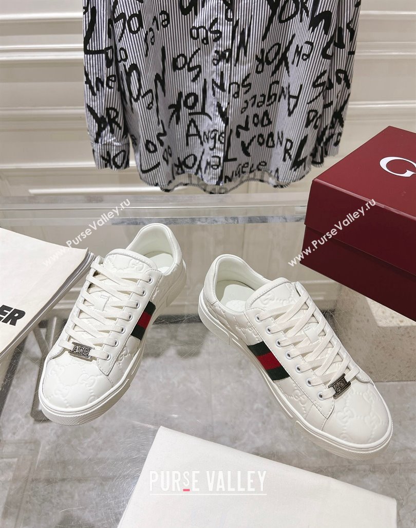 Gucci Ace Sneakers with Web in GG Leather White 2024 0814 (SS-240814101)