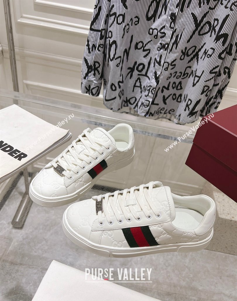 Gucci Ace Sneakers with Web in GG Leather White 2024 0814 (SS-240814101)