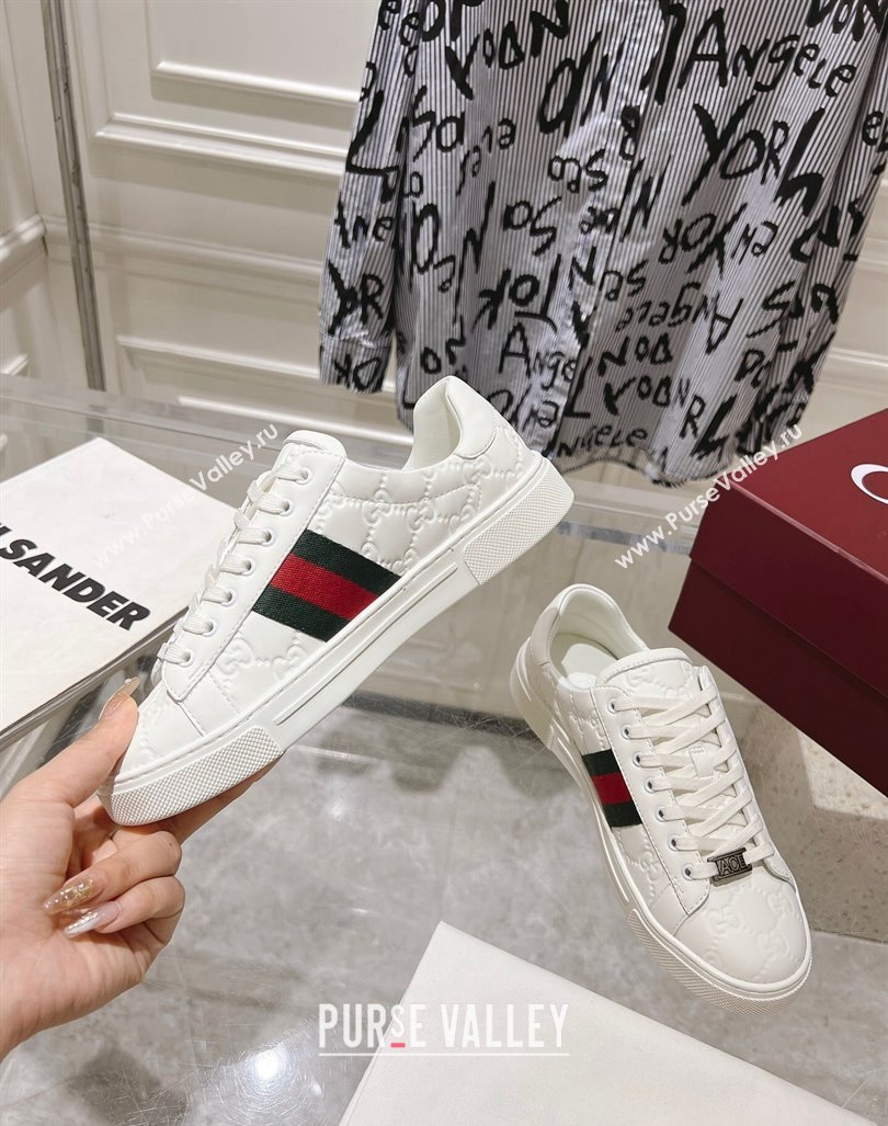 Gucci Ace Sneakers with Web in GG Leather White 2024 0814 (SS-240814101)