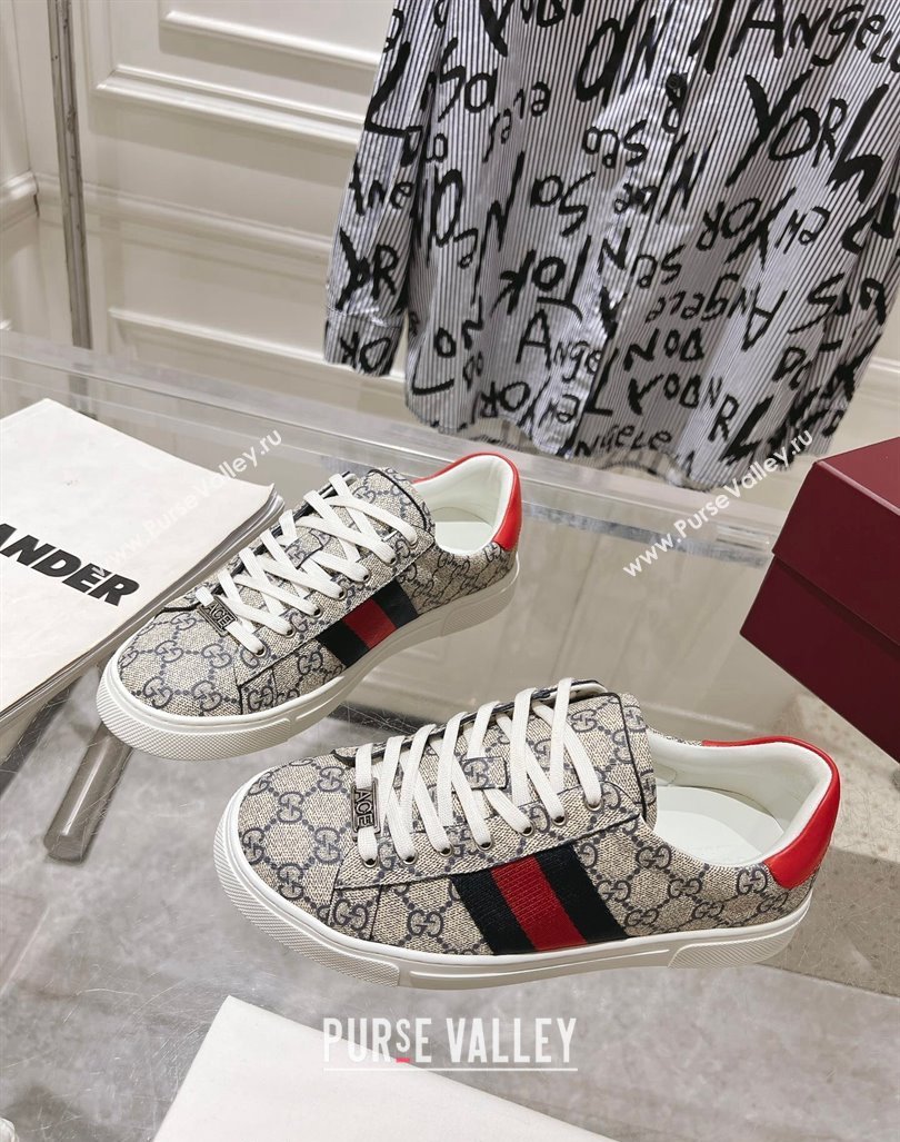 Gucci Ace Sneakers with Web in GG Canvas Beige/Blue 2024 0814 (SS-240814104)