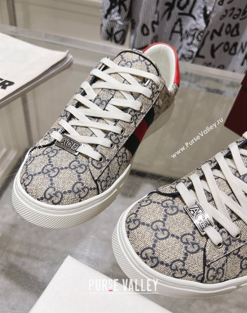 Gucci Ace Sneakers with Web in GG Canvas Beige/Blue 2024 0814 (SS-240814104)