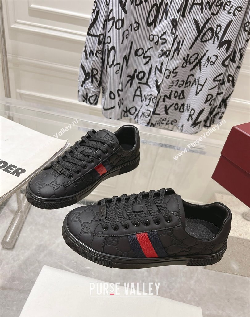 Gucci Ace Sneakers with Web in GG Leather Black 2024 0814 (SS-240814107)