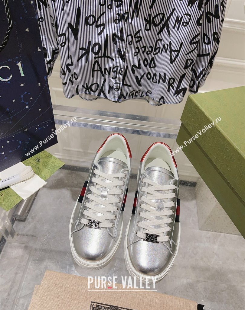 Gucci Ace Sneakers with Web in Calf Leather Silver 2024 0814 (SS-240814108)