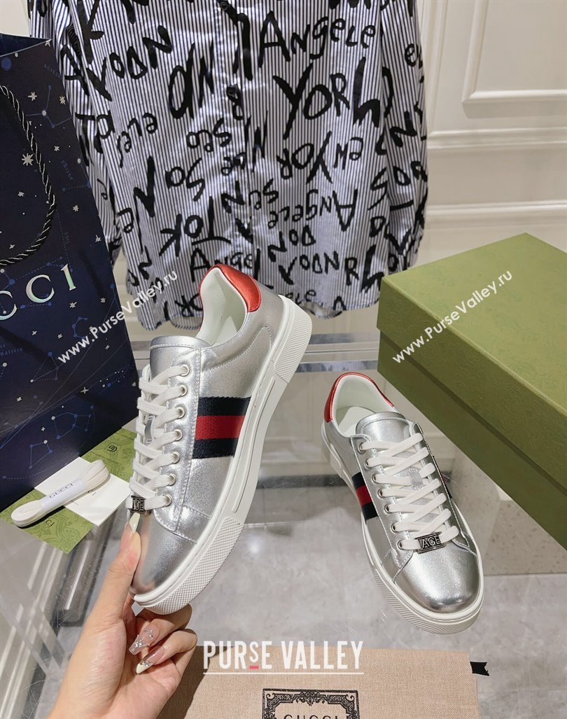 Gucci Ace Sneakers with Web in Calf Leather Silver 2024 0814 (SS-240814108)