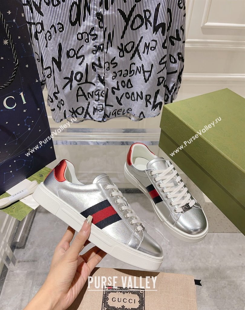 Gucci Ace Sneakers with Web in Calf Leather Silver 2024 0814 (SS-240814108)