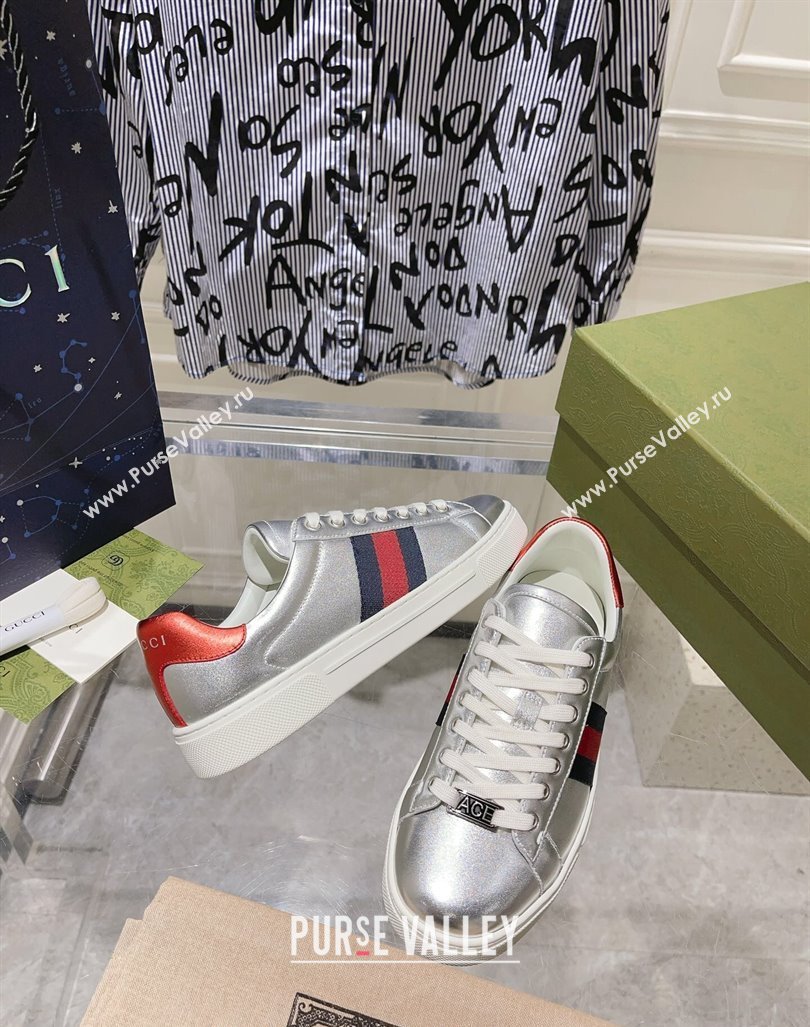 Gucci Ace Sneakers with Web in Calf Leather Silver 2024 0814 (SS-240814108)