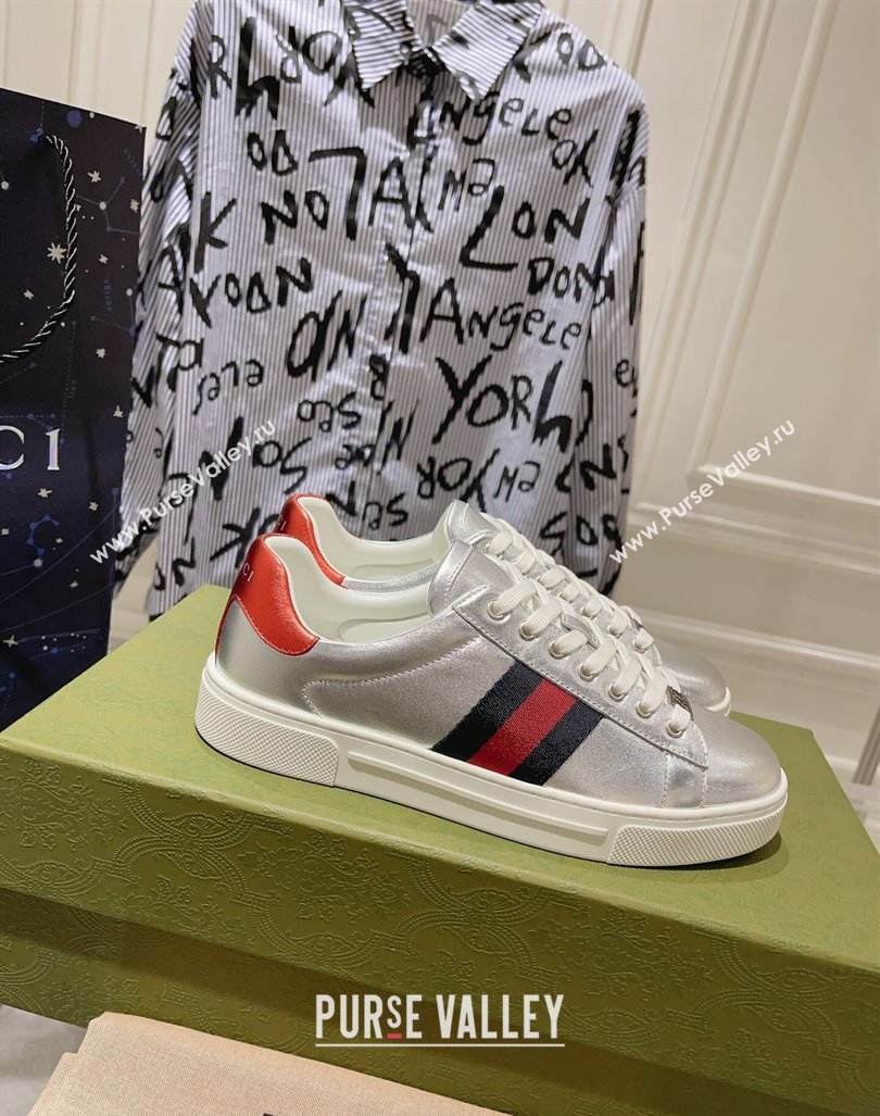 Gucci Ace Sneakers with Web in Calf Leather Silver 2024 0814 (SS-240814108)