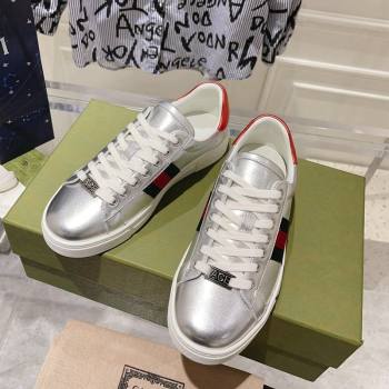 Gucci Ace Sneakers with Web in Calf Leather Silver 2024 0814 (SS-240814108)