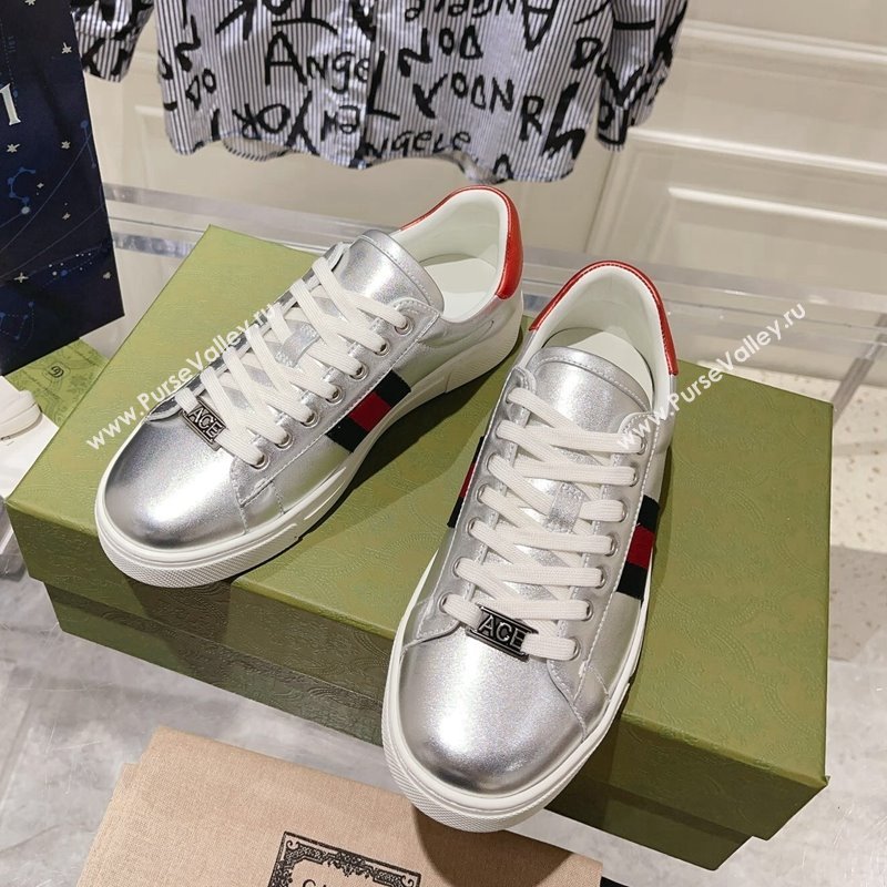 Gucci Ace Sneakers with Web in Calf Leather Silver 2024 0814 (SS-240814108)