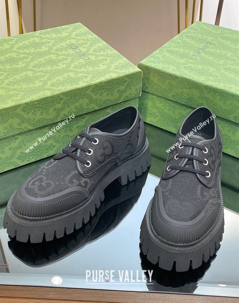 Gucci Lace-up Loafers in Leather and Maxi GG Canvas Black 2024 0814 (SS-240814082)