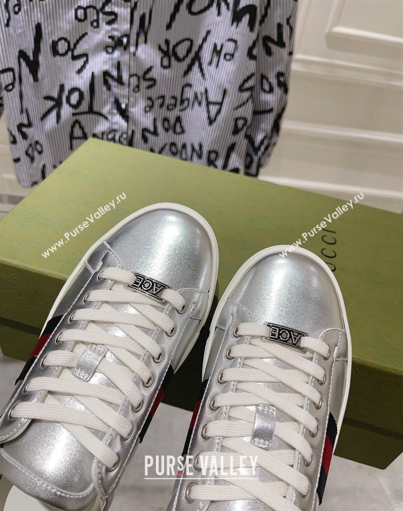 Gucci Ace Sneakers with Web in Calf Leather Silver 2024 0814 (SS-240814108)