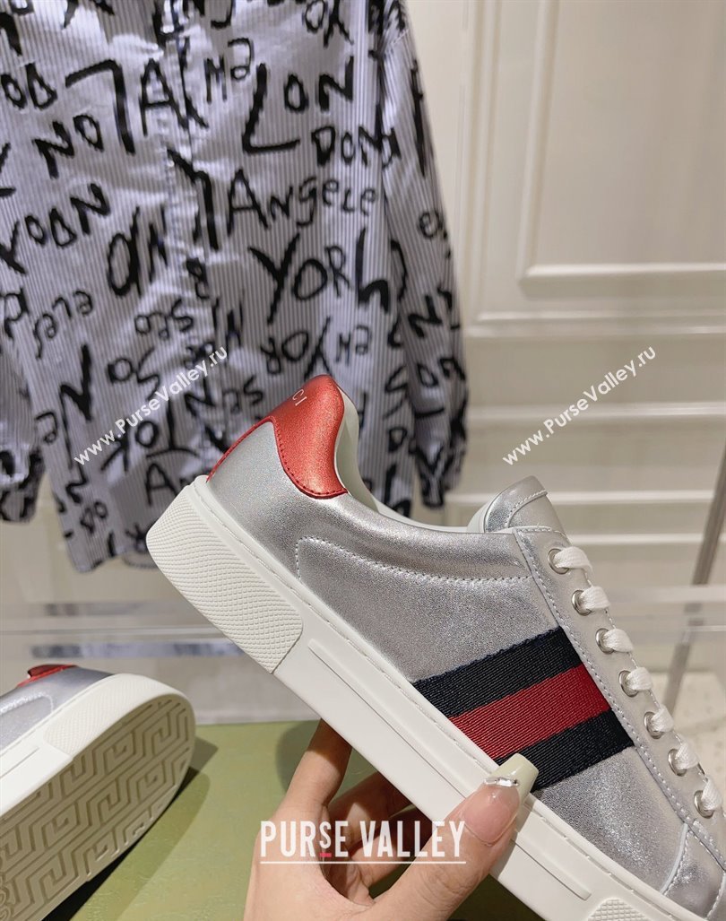 Gucci Ace Sneakers with Web in Calf Leather Silver 2024 0814 (SS-240814108)