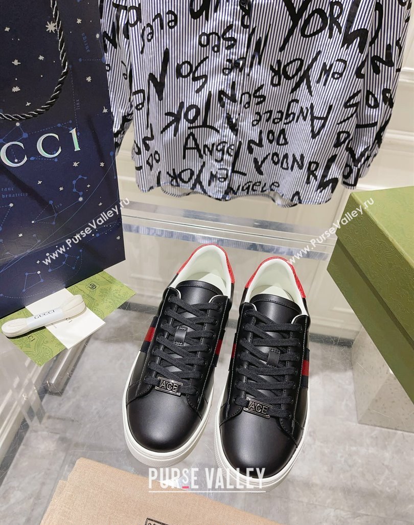 Gucci Ace Sneakers with Web in Calf Leather Black 2024 0814 (SS-240814109)