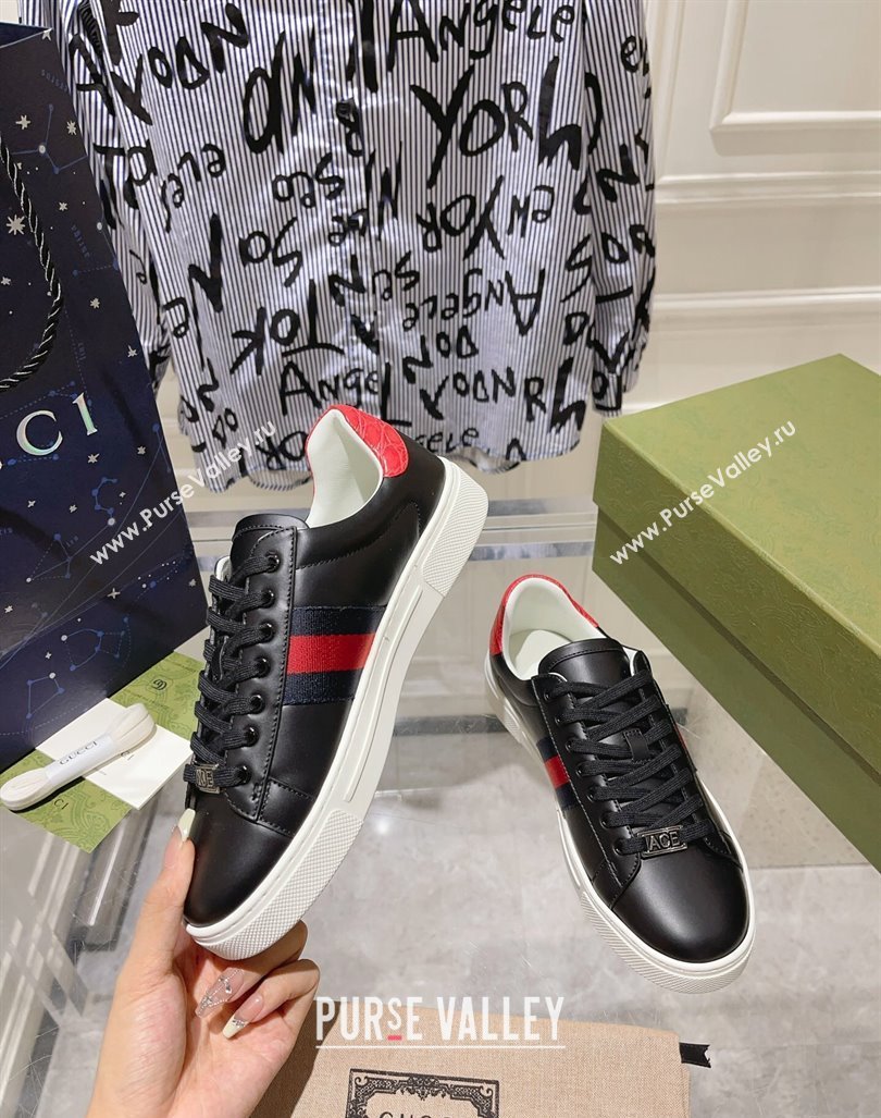 Gucci Ace Sneakers with Web in Calf Leather Black 2024 0814 (SS-240814109)