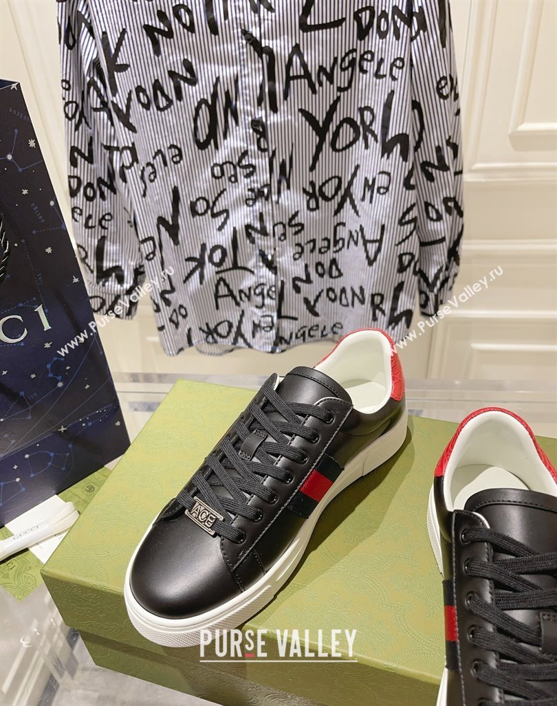 Gucci Ace Sneakers with Web in Calf Leather Black 2024 0814 (SS-240814109)