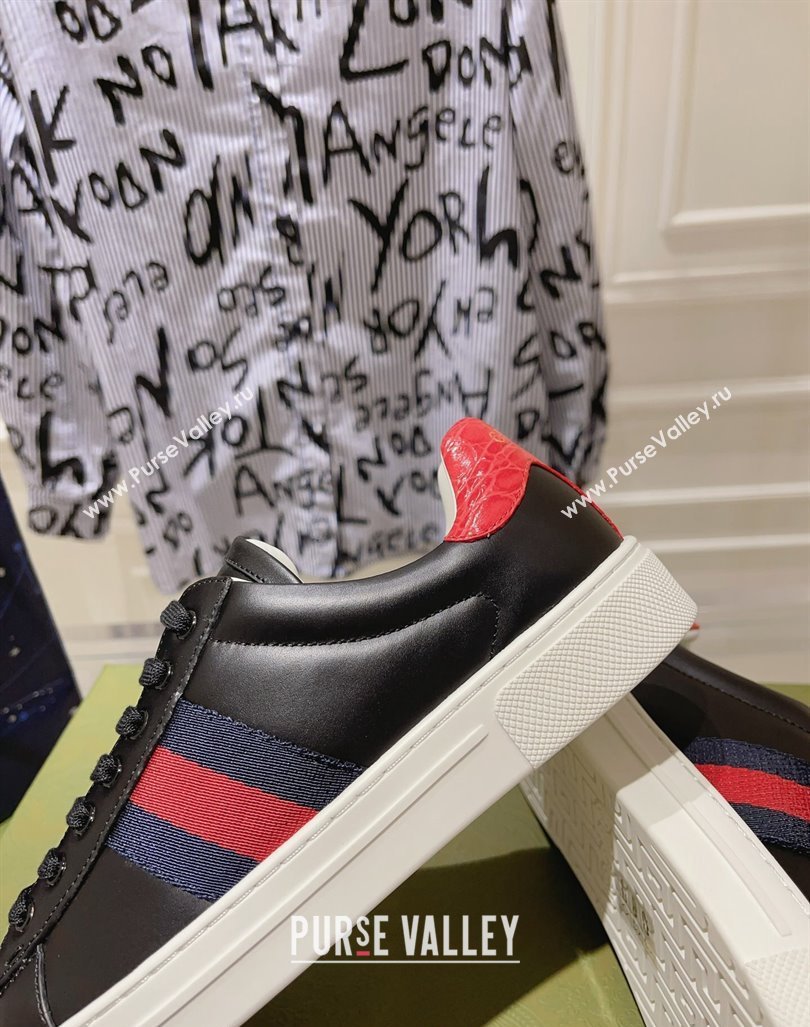 Gucci Ace Sneakers with Web in Calf Leather Black 2024 0814 (SS-240814109)