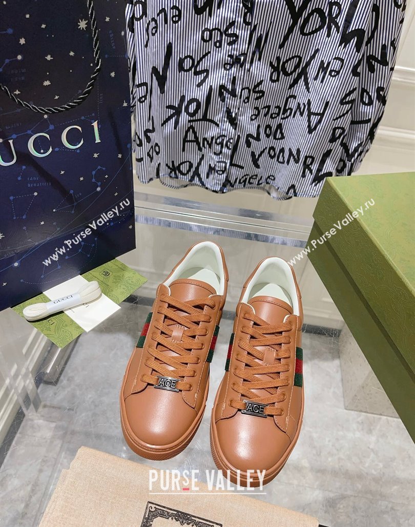 Gucci Ace Sneakers with Web in Calf Leather Brown 2024 0814 (SS-240814110)