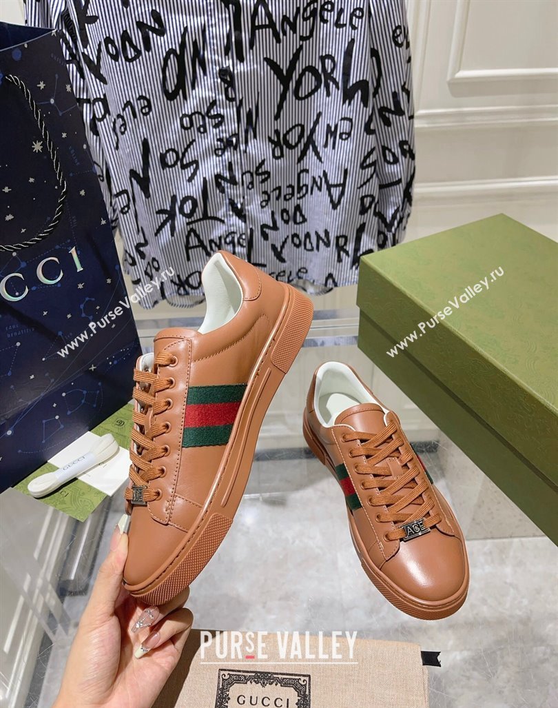 Gucci Ace Sneakers with Web in Calf Leather Brown 2024 0814 (SS-240814110)