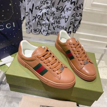 Gucci Ace Sneakers with Web in Calf Leather Brown 2024 0814 (SS-240814110)