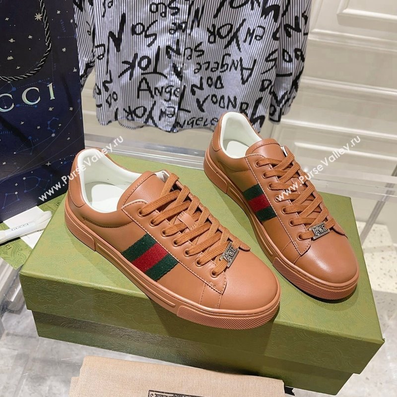 Gucci Ace Sneakers with Web in Calf Leather Brown 2024 0814 (SS-240814110)