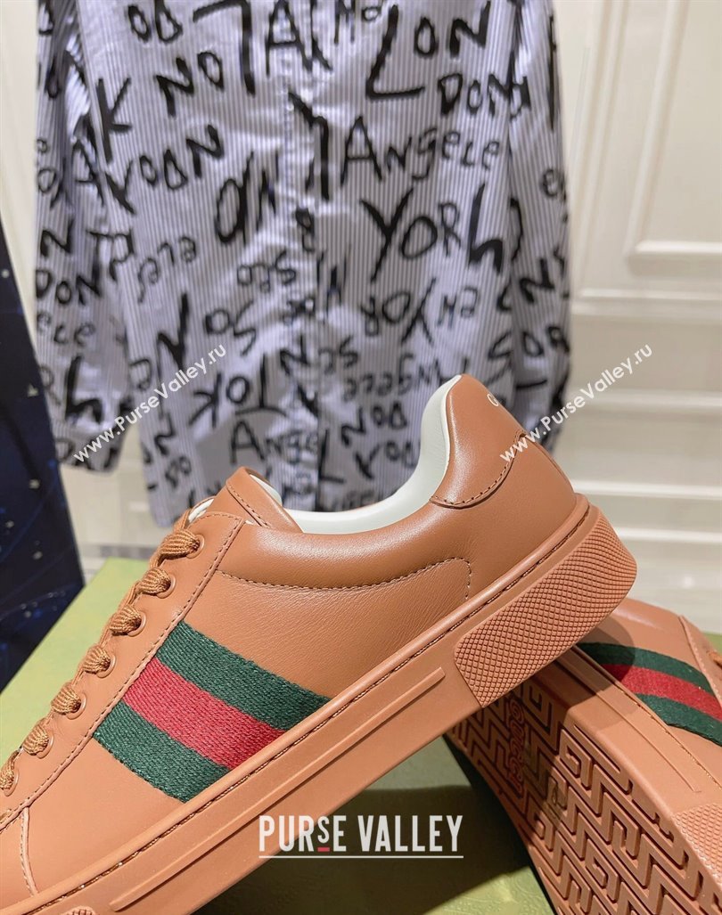 Gucci Ace Sneakers with Web in Calf Leather Brown 2024 0814 (SS-240814110)