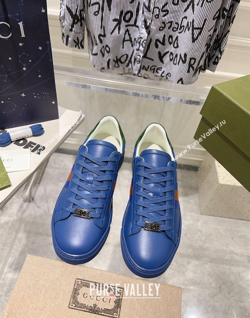 Gucci Ace Sneakers with Web in Calf Leather Blue 2024 0814 (SS-240814111)