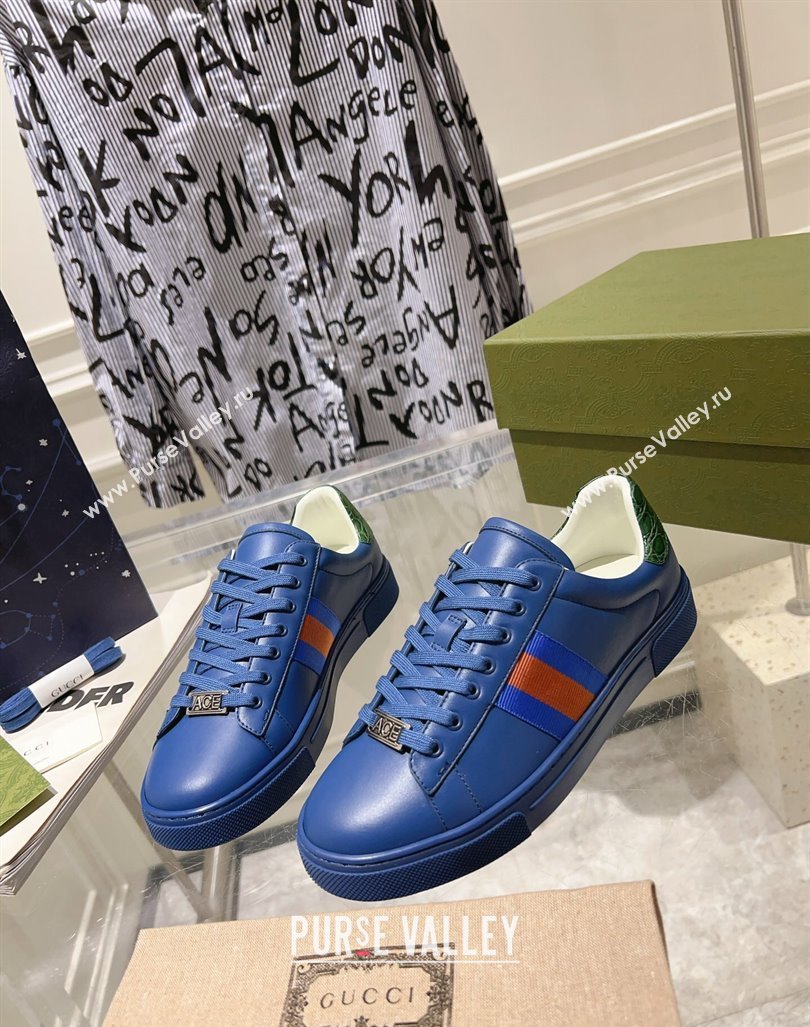 Gucci Ace Sneakers with Web in Calf Leather Blue 2024 0814 (SS-240814111)