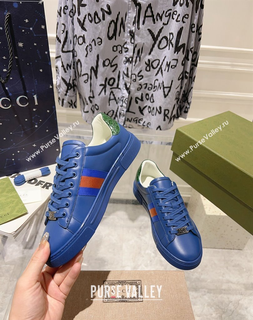 Gucci Ace Sneakers with Web in Calf Leather Blue 2024 0814 (SS-240814111)