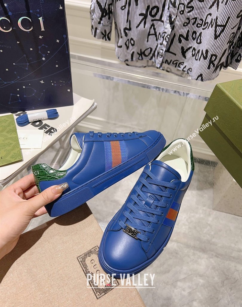 Gucci Ace Sneakers with Web in Calf Leather Blue 2024 0814 (SS-240814111)