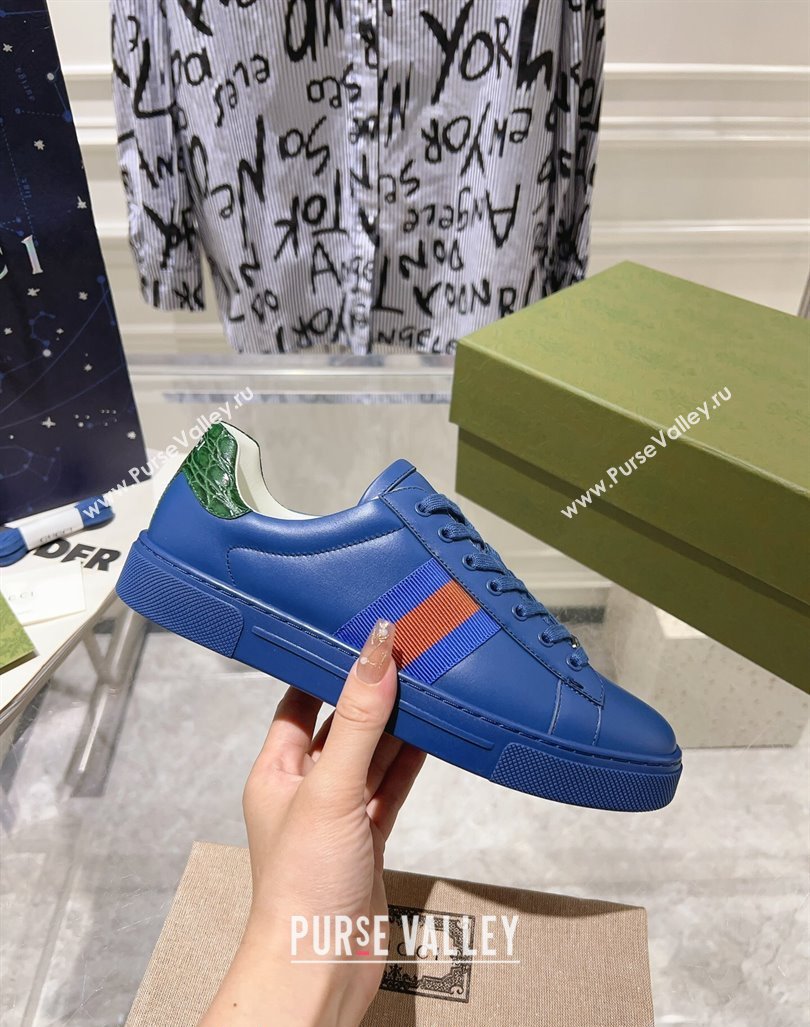 Gucci Ace Sneakers with Web in Calf Leather Blue 2024 0814 (SS-240814111)