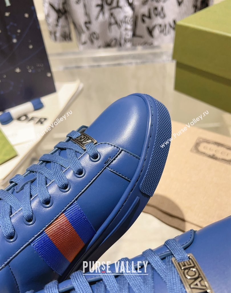 Gucci Ace Sneakers with Web in Calf Leather Blue 2024 0814 (SS-240814111)