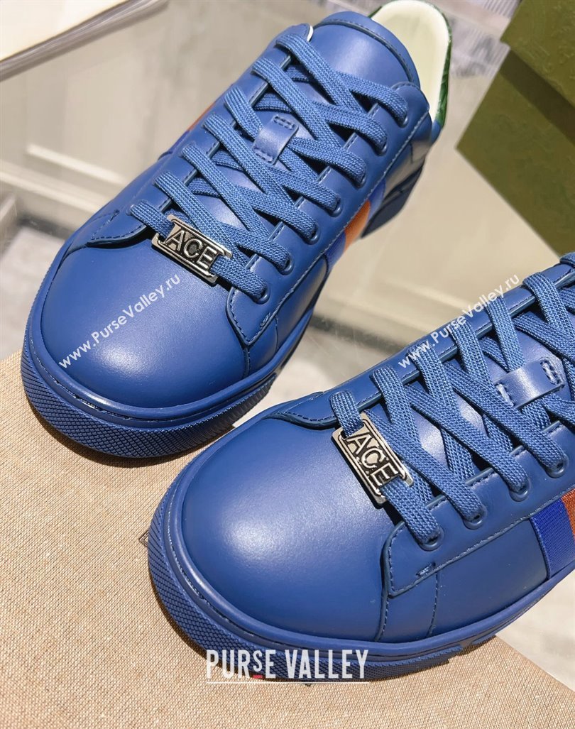 Gucci Ace Sneakers with Web in Calf Leather Blue 2024 0814 (SS-240814111)