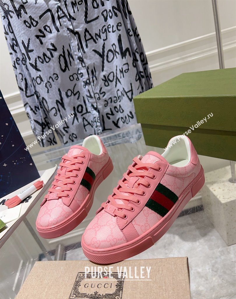 Gucci Ace Sneakers with Web in GG Canvas Pink 2024 0814 (SS-240814112)