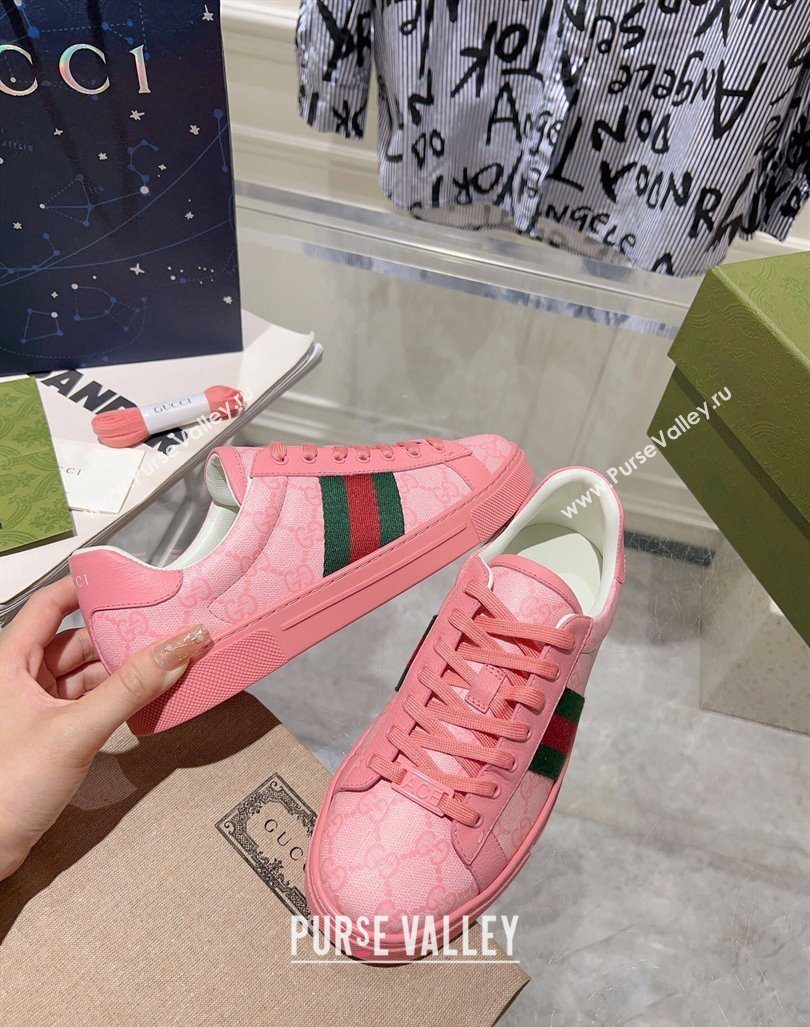 Gucci Ace Sneakers with Web in GG Canvas Pink 2024 0814 (SS-240814112)