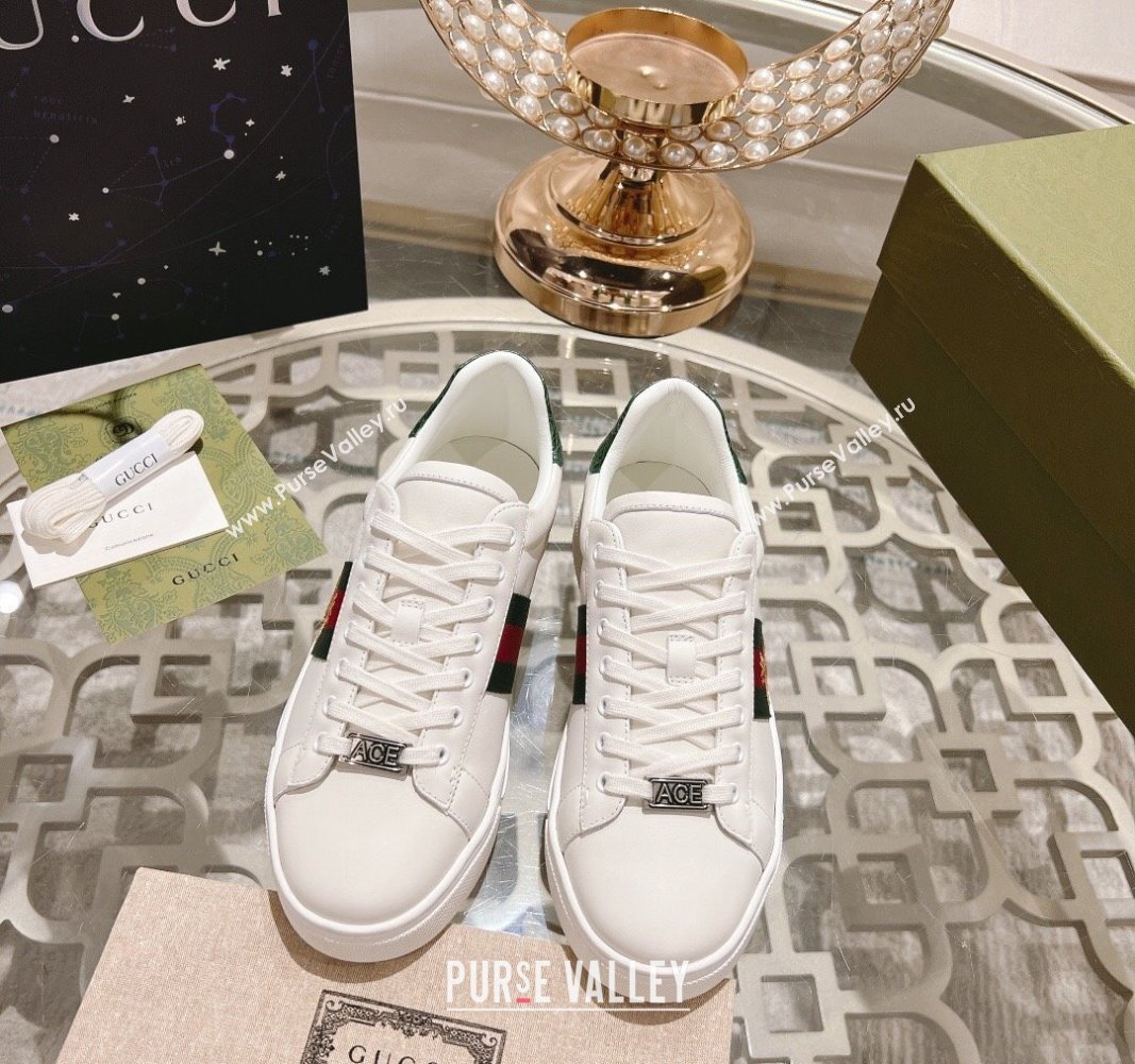 Gucci Ace Sneakers with Web and Bee in White Leather 2024 0814 (SS-240814116)