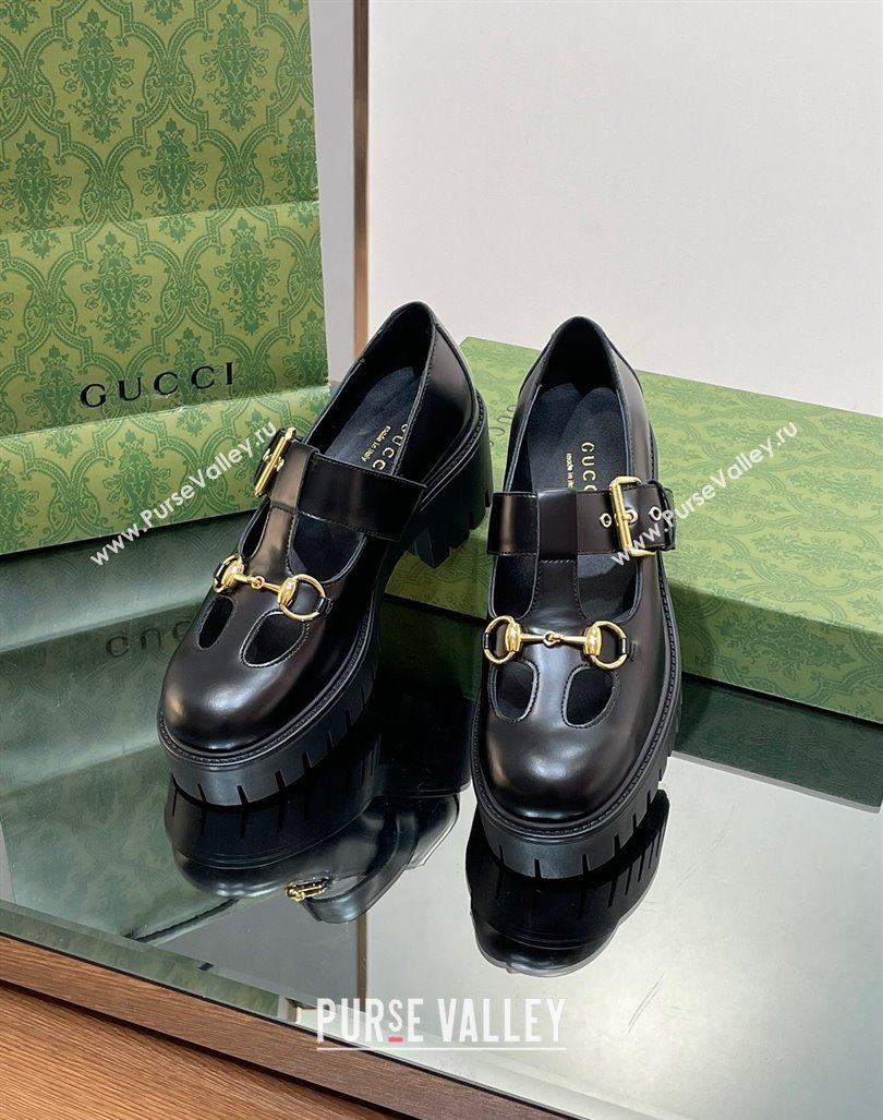 Gucci Horsebit Shiny Leather Platform Loafers with Buckle Black 2024 (SS-240814117)